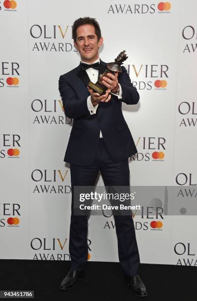 Andy Blankenbuehler, winner of the Best Theatre Choreographer award for "Hamilton", poses in the press room during The Olivier Awards with Mastercard...