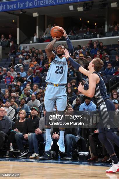 Ben McLemore of the Memphis Grizzlies shoots the ball against the Detroit Pistons on April 8, 2018 at FedExForum in Memphis, Tennessee. NOTE TO USER:...