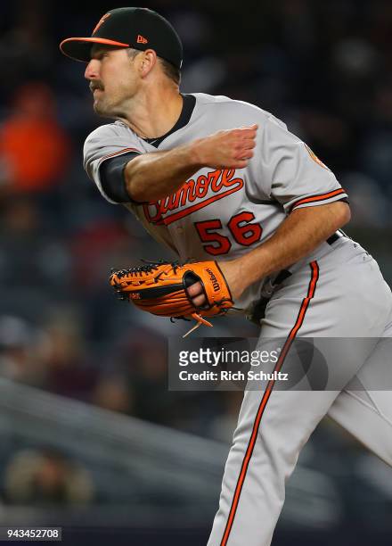 Darren O'Day of the Baltimore Orioles in action during a game against the New York Yankees at Yankee Stadium on April 5, 2018 in the Bronx borough of...