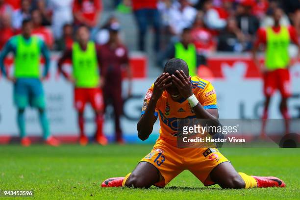 Enner Valencia of Tigres reacts during the 14th round match between Toluca and Tigres UANL as part of the Torneo Clausura 2018 at Nemesio Diez...