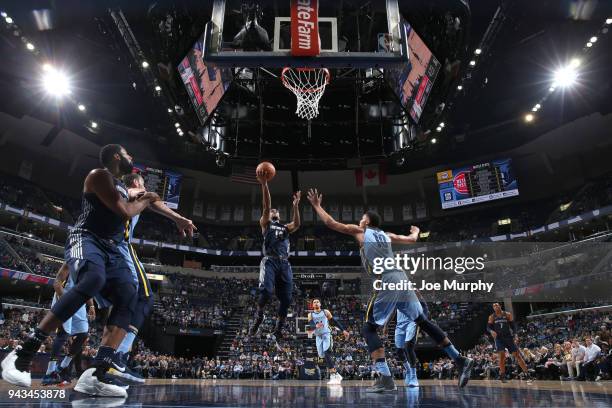 Ish Smith of the Detroit Pistons goes to the basket against the Memphis Grizzlies on April 8, 2018 at FedExForum in Memphis, Tennessee. NOTE TO USER:...