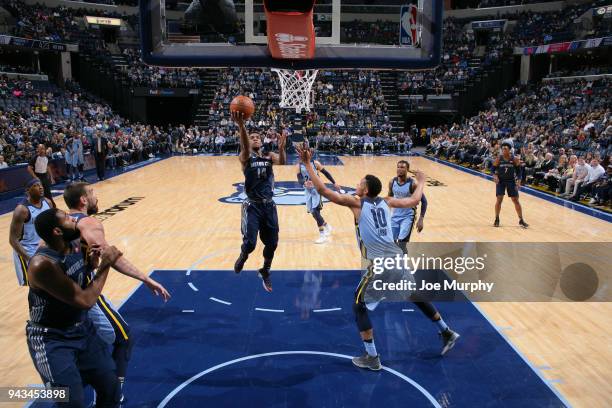 Ish Smith of the Detroit Pistons goes to the basket against the Memphis Grizzlies on April 8, 2018 at FedExForum in Memphis, Tennessee. NOTE TO USER:...