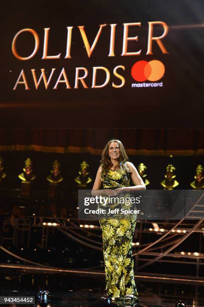 Host Catherine Tate speaks on stage during The Olivier Awards with Mastercard at Royal Albert Hall on April 8, 2018 in London, England.