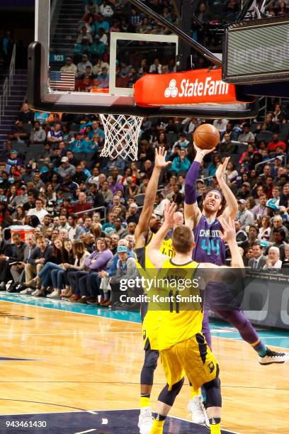 Frank Kaminsky of the Charlotte Hornets shoots the ball against the Indiana Pacers on April 8, 2018 at Spectrum Center in Charlotte, North Carolina....