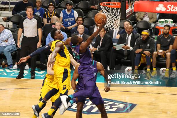 Michael Kidd-Gilchrist of the Charlotte Hornets goes to the basket against the Indiana Pacers on April 8, 2018 at Spectrum Center in Charlotte, North...