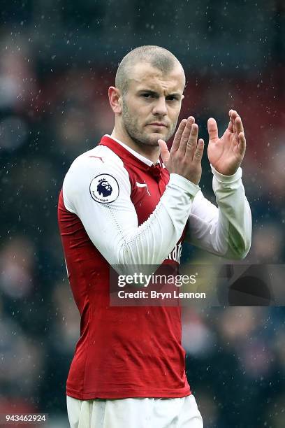 Jack Wilshere of Arsenal acknowledges fans after the Premier League match between Arsenal and Southampton at Emirates Stadium on April 8, 2018 in...