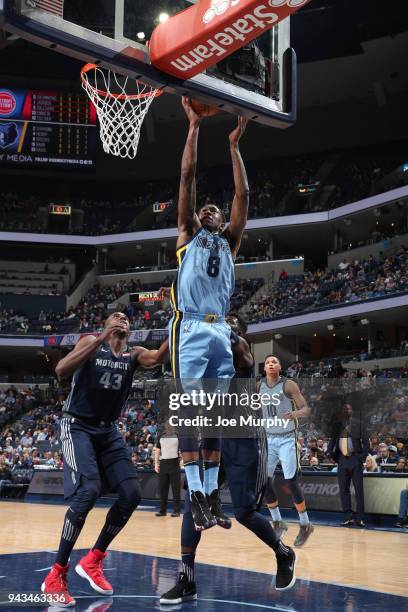 MarShon Brooks of the Memphis Grizzlies goes to the basket against the Detroit Pistons on April 8, 2018 at FedExForum in Memphis, Tennessee. NOTE TO...