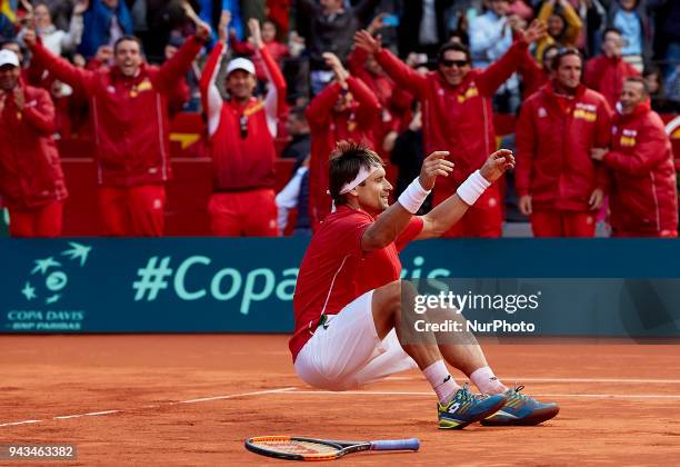 David Ferrer of Spain celebrates the victory in is match against Philipp Kohlschreiber of Germany during day three of the Davis Cup World Group...