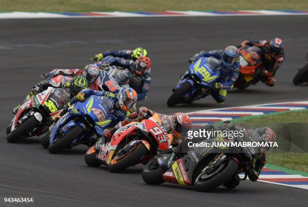 France's biker Johann Zarco rides his Yamaha to finish in second place in the MotoGP race of the Argentina Grand Prix at Termas de Rio Hondo circuit,...