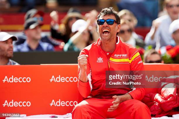 Sergi Bruguera Captain of Spain reacts during day three of the Davis Cup World Group Quarter Finals match between Spain and Germany at Plaza de Toros...