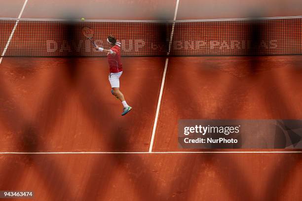 David Ferrer of Spain in action in is match against Philipp Kohlschreiber of Germany during day three of the Davis Cup World Group Quarter Finals...