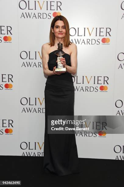 Shirley Henderson, winner of the Best Actress In A Musical award for "Girl From The North Country", poses in the press room during The Olivier Awards...