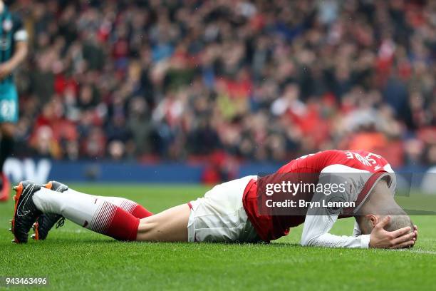 Jack Wilshere of Arsenal reacts to a missed goal during the Premier League match between Arsenal and Southampton at Emirates Stadium on April 8, 2018...