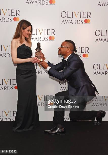 Shirley Henderson, winner of the Best Actress In A Musical award for "Girl From The North Country", and Cuba Gooding Jr pose in the press room during...