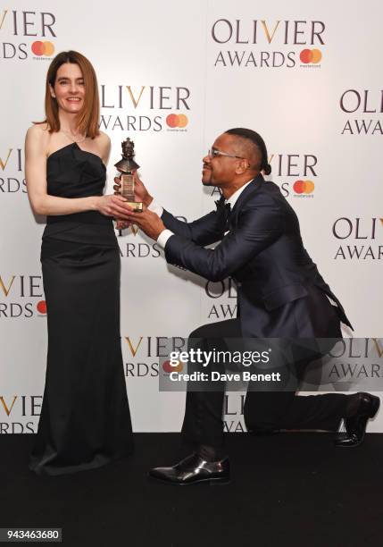 Shirley Henderson, winner of the Best Actress In A Musical award for "Girl From The North Country", and Cuba Gooding Jr pose in the press room during...