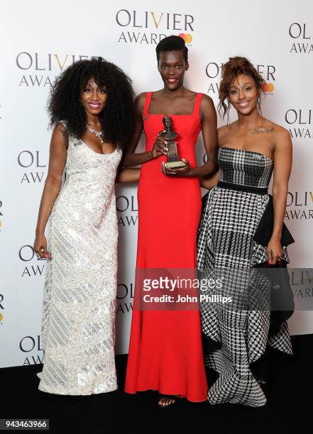 Sheila Atim, winner of the Best Supporting Actress In A Musical award for 'Girl From The North Country', poses with Beverley Knight and Alexandra...