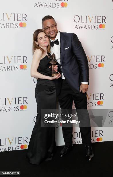 Shirley Henderson, winner of the Best Actress In A Musical award for 'Girl From The North Country', and poses with Cuba Gooding Jr in the press room...