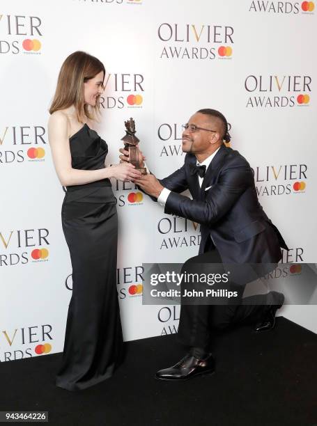 Shirley Henderson, winner of the Best Actress In A Musical award for 'Girl From The North Country', and poses with Cuba Gooding Jr in the press room...
