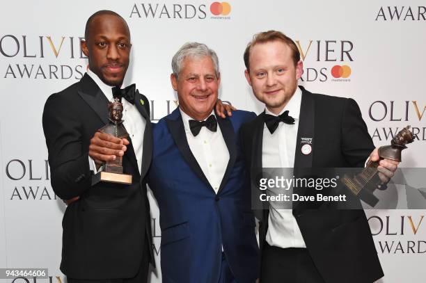 Giles Terera, winner of the Best Actor in a Musical award for "Hamilton", Sir Cameron Mackintosh and Michael Jibson, winner of the Best Actor In A...