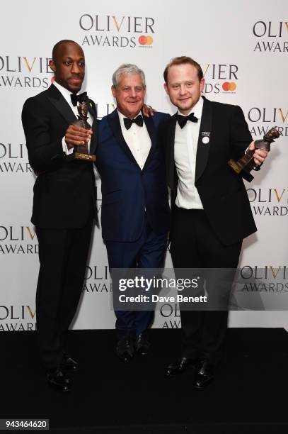 Giles Terera, winner of the Best Actor in a Musical award for "Hamilton", Sir Cameron Mackintosh and Michael Jibson, winner of the Best Actor In A...