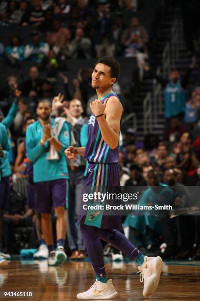 Marcus Paige of the Charlotte Hornets reacts to a play during the game against the Indiana Pacers on April 8, 2018 at Spectrum Center in Charlotte,...