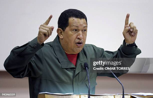 Venezuelan President Hugo Chavez gestures as he delivers a speech during the Bolivarian Alliance for the Americas Summit in Havana, on December 12,...