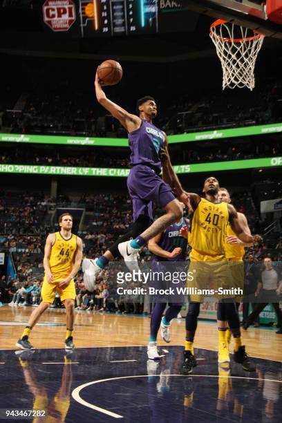 Jeremy Lamb of the Charlotte Hornets dunks against the Indiana Pacers on April 8, 2018 at Spectrum Center in Charlotte, North Carolina. NOTE TO USER:...