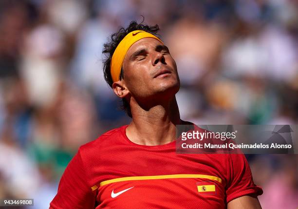 Rafael Nadal of Spain reacts during his match against Alexander Zverev of Germany during day three of the Davis Cup World Group Quarter Final match...