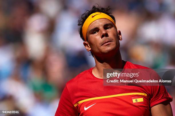 Rafael Nadal of Spain reacts during his match against Alexander Zverev of Germany during day three of the Davis Cup World Group Quarter Final match...