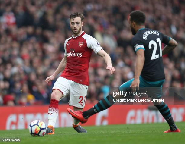 Calum Chambers of Arsenal during the Premier League match between Arsenal and Southampton at Emirates Stadium on April 8, 2018 in London, England.