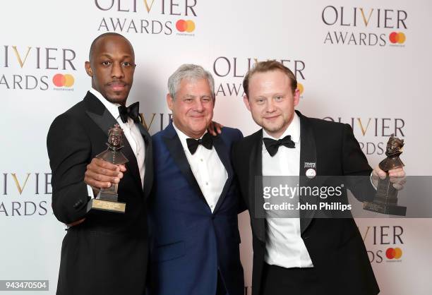 Giles Terera, winner of the Best Actor in a Musical award for 'Hamilton', Sir Cameron Mackintosh and Michael Jibson, winner of the Best Actor In A...