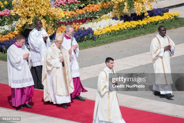 Pope Francis attends in St. Peter's Square at the Vatican to celebrate a Mass on the Sunday of Divine Mercy, Sunday, April 8, 2018.