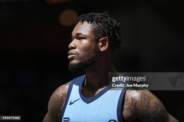 Ben McLemore of the Memphis Grizzlies looks on during the game against the Detroit Pistons on April 8, 2018 at FedExForum in Memphis, Tennessee. NOTE...