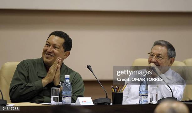 Venezuelan President Hugo Chavez and his Cuban counterpart Raul Castro talk during the Bolivarian Alliance for the Americas Summit in Havana, on...