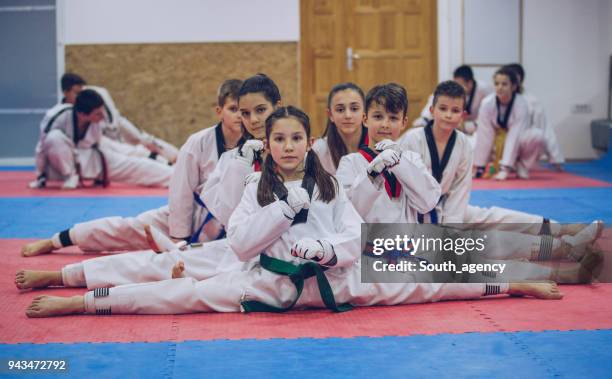 children taekwondo team - karate belt stock pictures, royalty-free photos & images