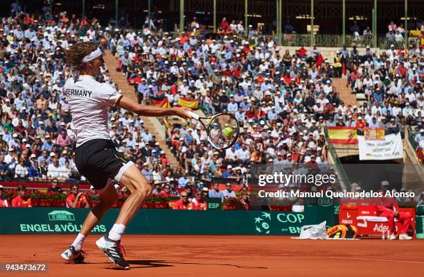 Alexander Zverev of Germany in action during his match against Rafa Nadal of Spain during day three of the Davis Cup World Group Quarter Final match...