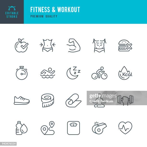 ilustraciones, imágenes clip art, dibujos animados e iconos de stock de fitness y entrenamiento - conjunto de iconos de vector de línea delgada - comidas y bebidas