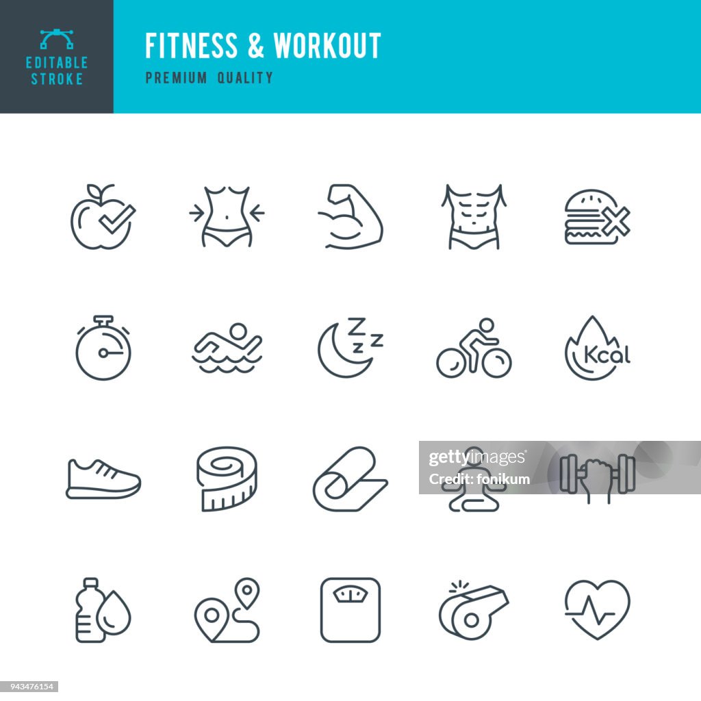 Fitness Workout & - conjunto de ícones do vetor linha fina