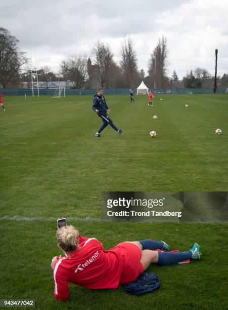 Elise Thorsnes, Roger Eskeland of Norway during training session at Carlton House before North Ireland v Norway on April 8, 2018 in Dublin, Ireland.