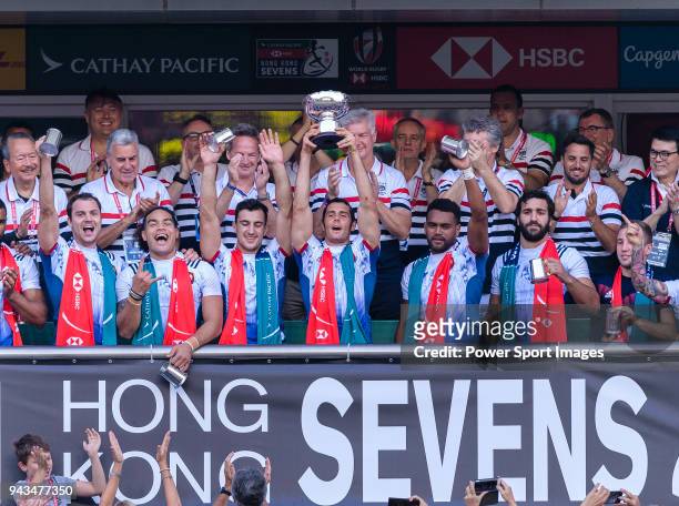 The France Rugby Squad celebrate with their trophy during the HSBC Hong Kong Sevens 2018 Bowl Final match between Canada and France on April 8, 2018...
