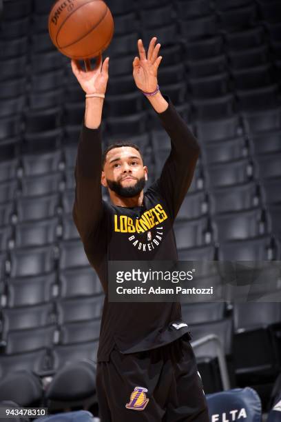 Tyler Ennis of the Los Angeles Lakers shoots the ball before the game against the Utah Jazz on April 8, 2018 at STAPLES Center in Los Angeles,...