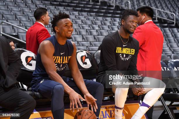 Donovan Mitchell of the Utah Jazz and Julius Randle of the Los Angeles Lakers talk before the game between the two teams on April 8, 2018 at STAPLES...