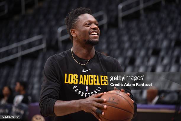 Julius Randle of the Los Angeles Lakers shoots the ball before the game against the Utah Jazz on April 8, 2018 at STAPLES Center in Los Angeles,...