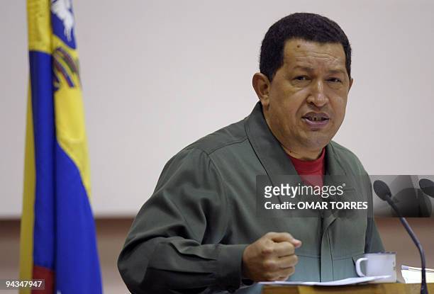 Venezuelan President Hugo Chavez delivers a speech during the Bolivarian Alliance for the Americas Summit in Havana, on December 12, 2009. Chavez met...