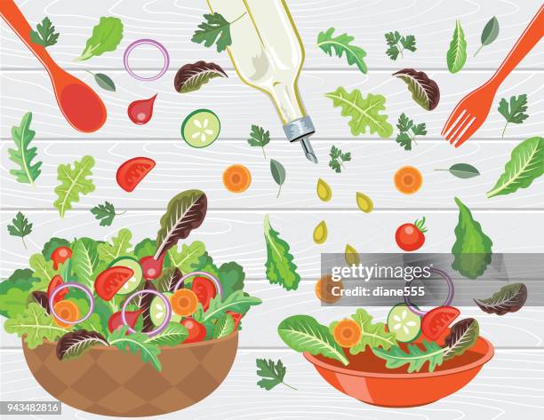 fresh salads and greens concepts - exploding flavours stock illustrations