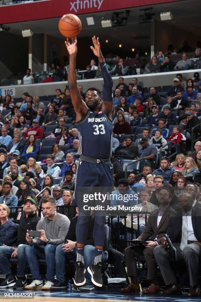 James Ennis III of the Detroit Pistons shoots the ball against the Memphis Grizzlies on April 8, 2018 at FedExForum in Memphis, Tennessee. NOTE TO...