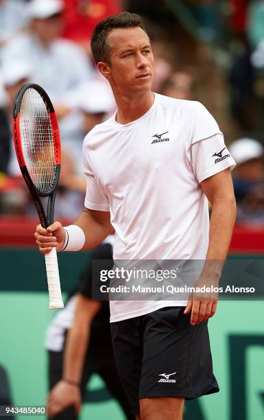 Philipp Kohlschreiber of Germany looks on during his match against David Ferrer of Spain during day three of the Davis Cup World Group Quarter Final...