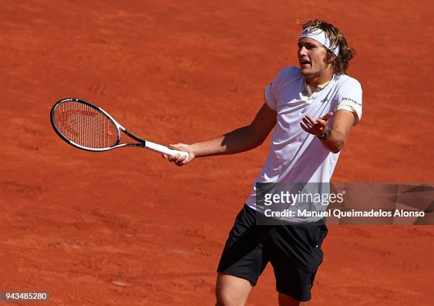 Alexander Zverev of Germany reacts during his match against Rafa Nadal of Spain during day three of the Davis Cup World Group Quarter Final match...