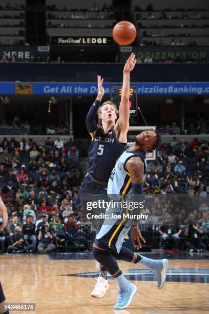 Luke Kennard of the Detroit Pistons shoots the ball against the Memphis Grizzlies on April 8, 2018 at FedExForum in Memphis, Tennessee. NOTE TO USER:...