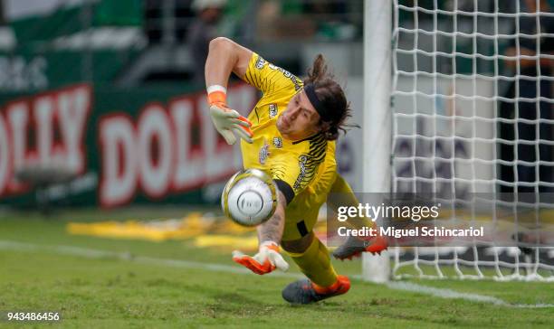 Goalkeeper Cassio of Corinthians saves a penalty shot from Lucas Lima of Palmeiras during a match between Palmeiras and Corinthians in the final of...